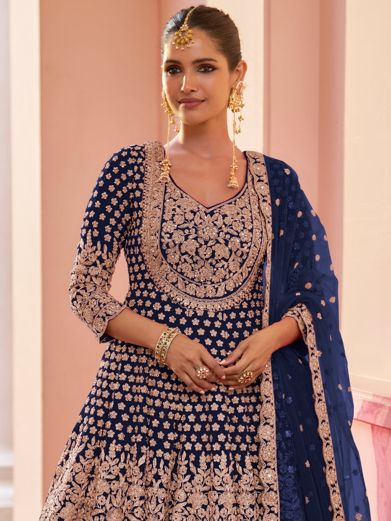Navy Blue Bridal Style Real Georgette Sharara Suit