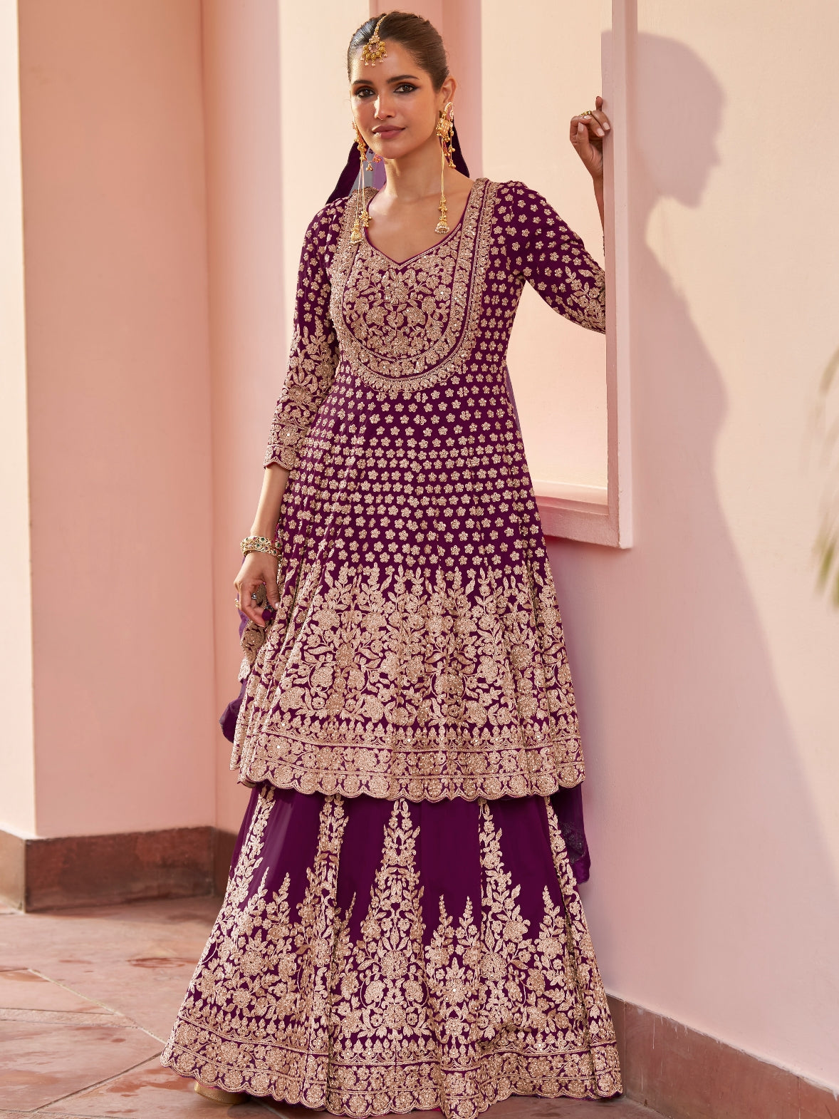 Royal Purple Heavy Embroidery Real Georgette Sharara Dress