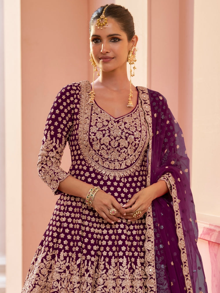 Royal Purple Heavy Embroidery Real Georgette Sharara Dress
