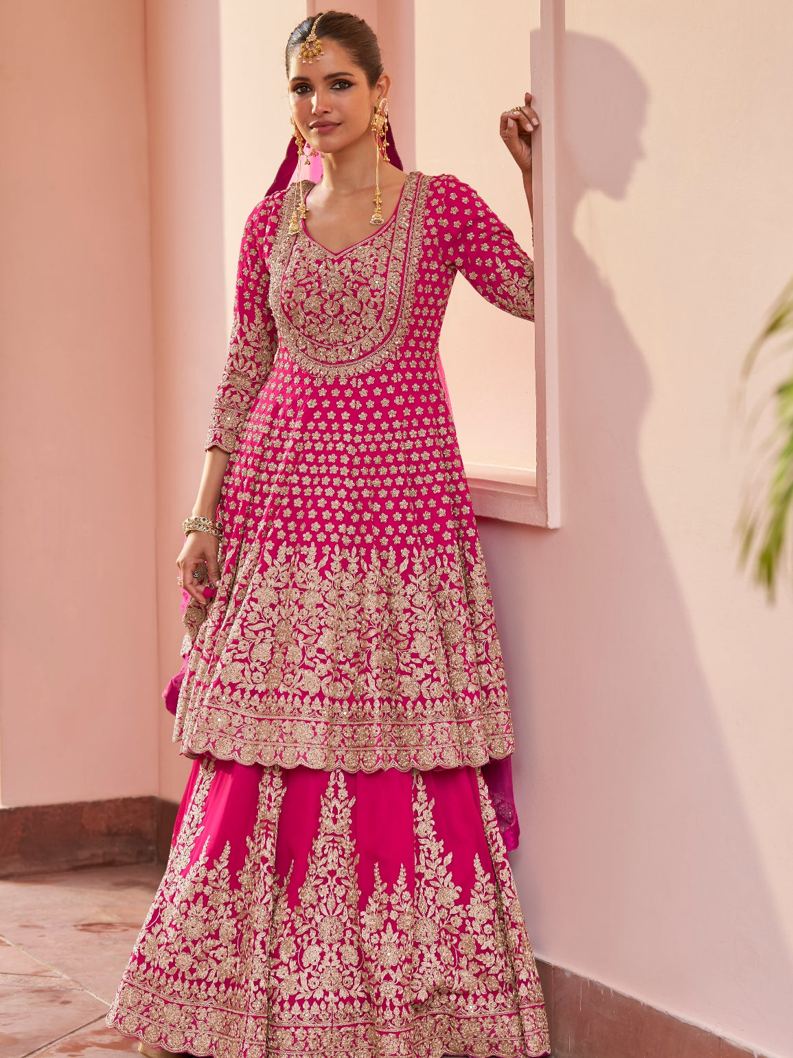 Rani Pink Real Georgette Heavy Embroidered Sharara Suit