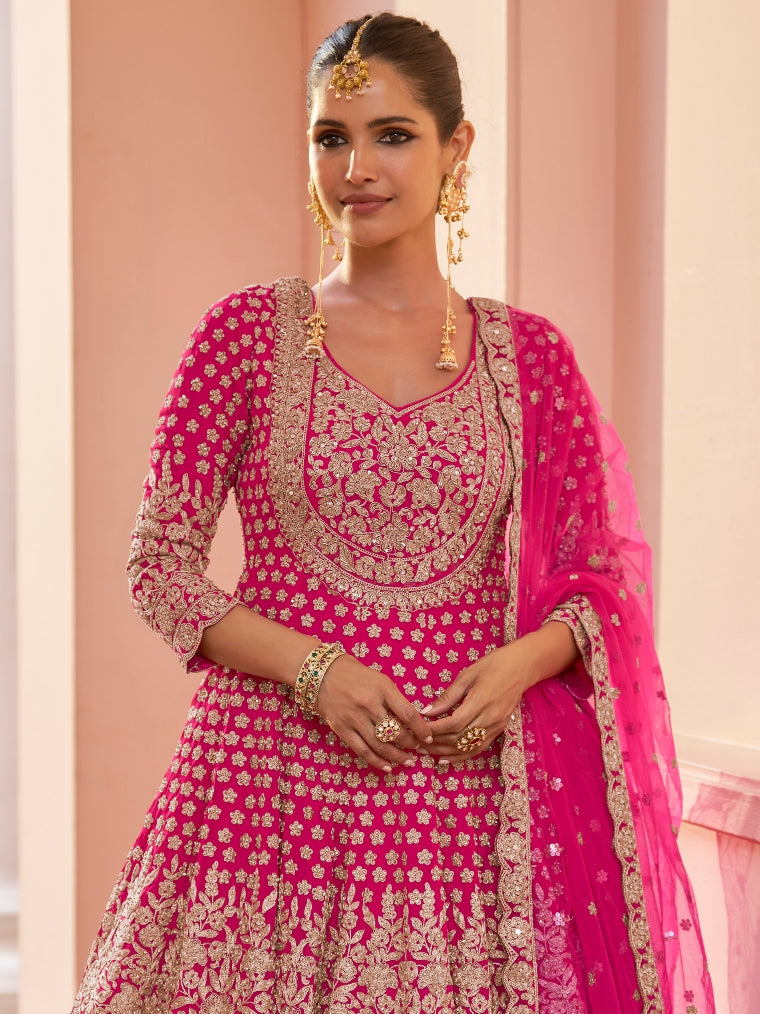 Rani Pink Real Georgette Heavy Embroidered Sharara Suit