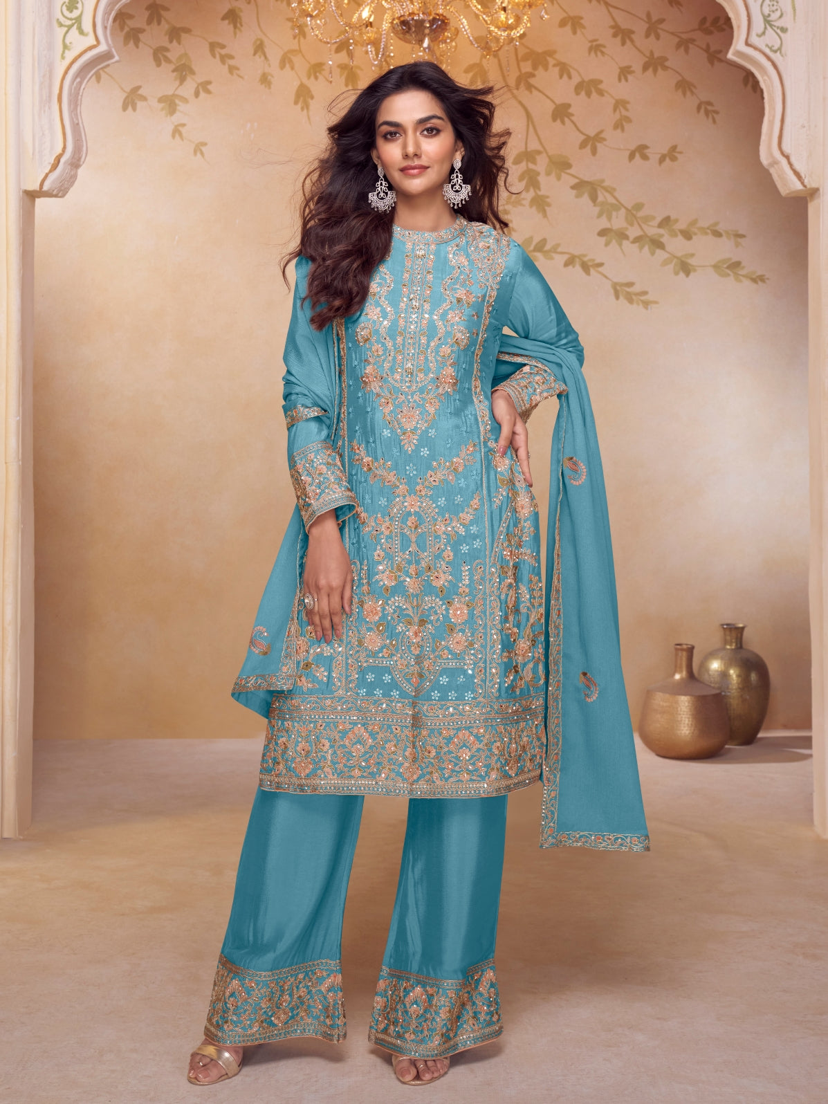 Teal Blue Real Chinon Embroidered Palazzo Suit