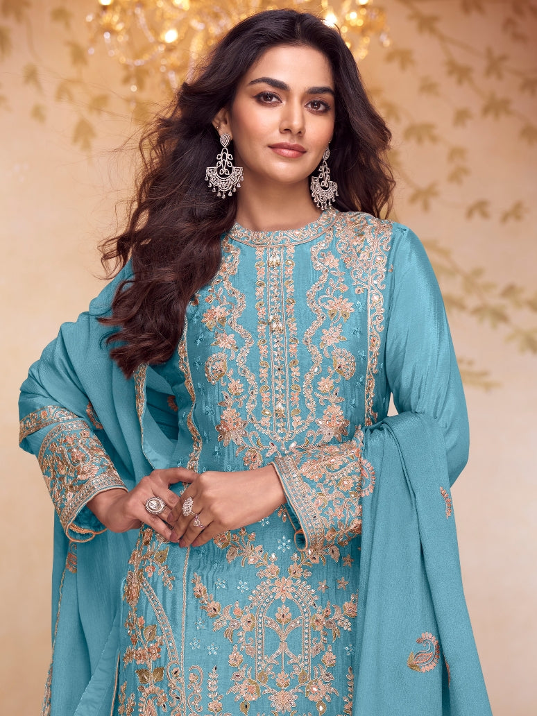 Teal Blue Real Chinon Embroidered Palazzo Suit