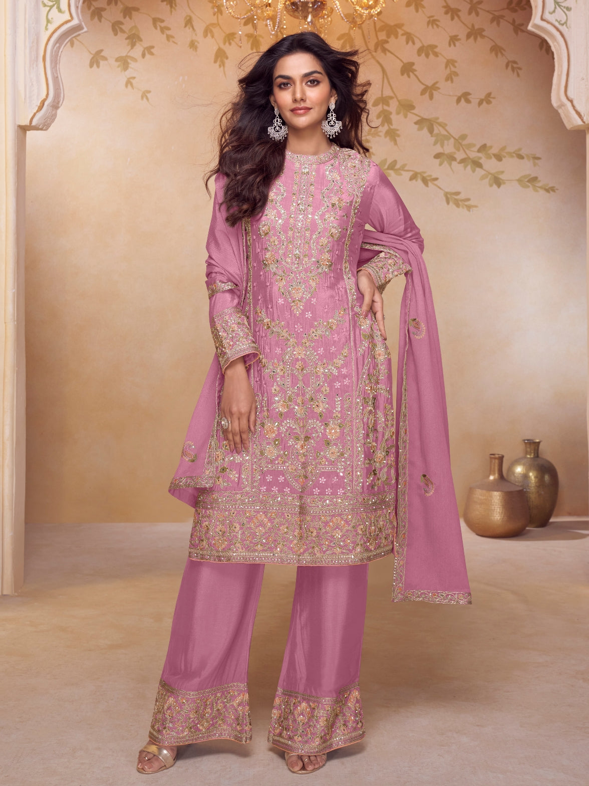 Blush Pink Real Chinon Embroidered Palazzo Suit