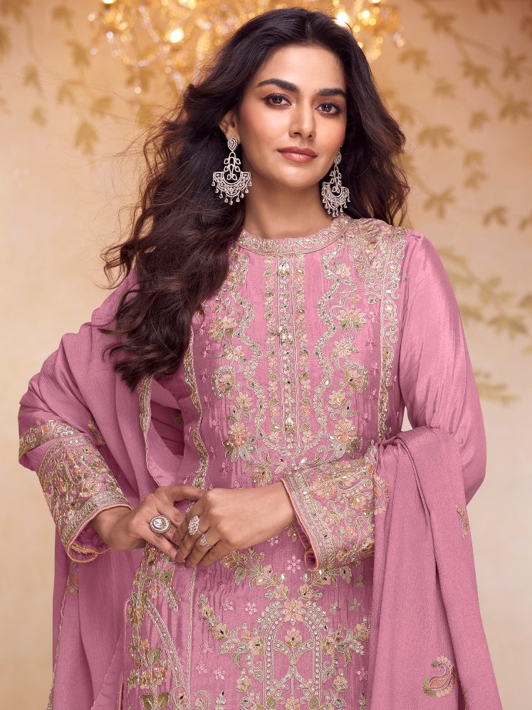 Blush Pink Real Chinon Embroidered Palazzo Suit