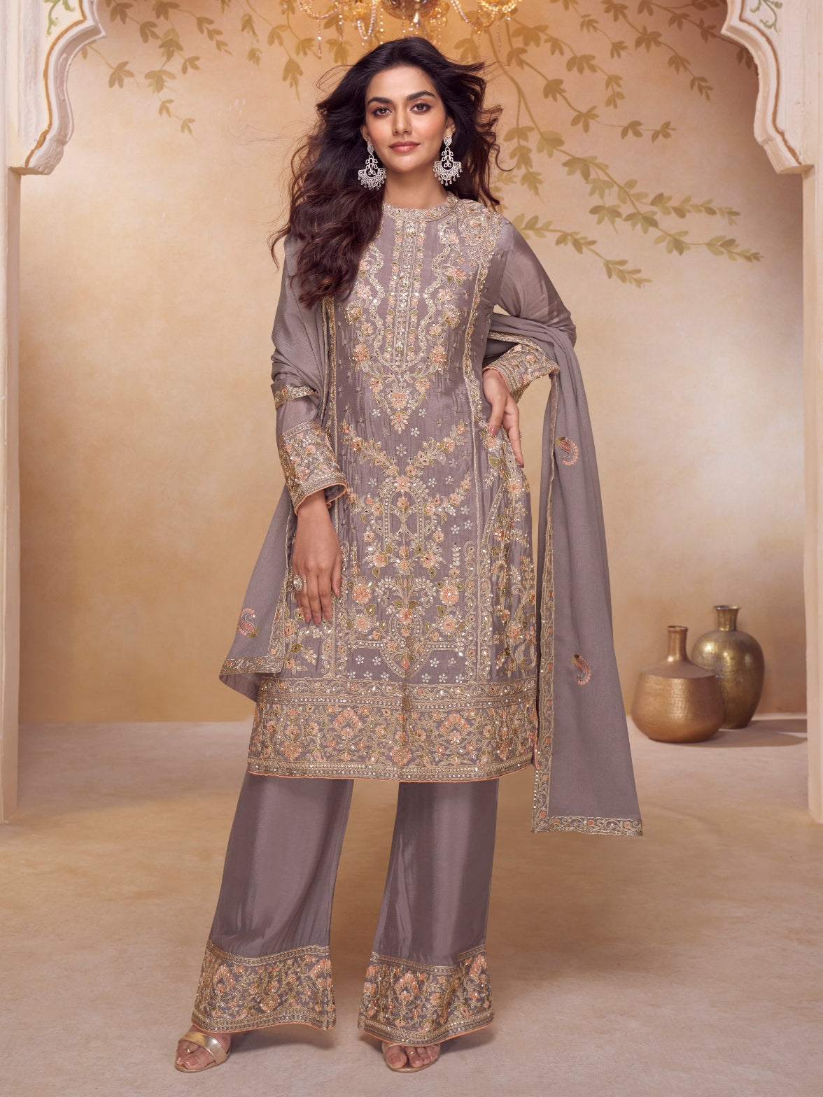 Grey Real Chinon Heavy Embroidered Palazzo Suit with Dupatta