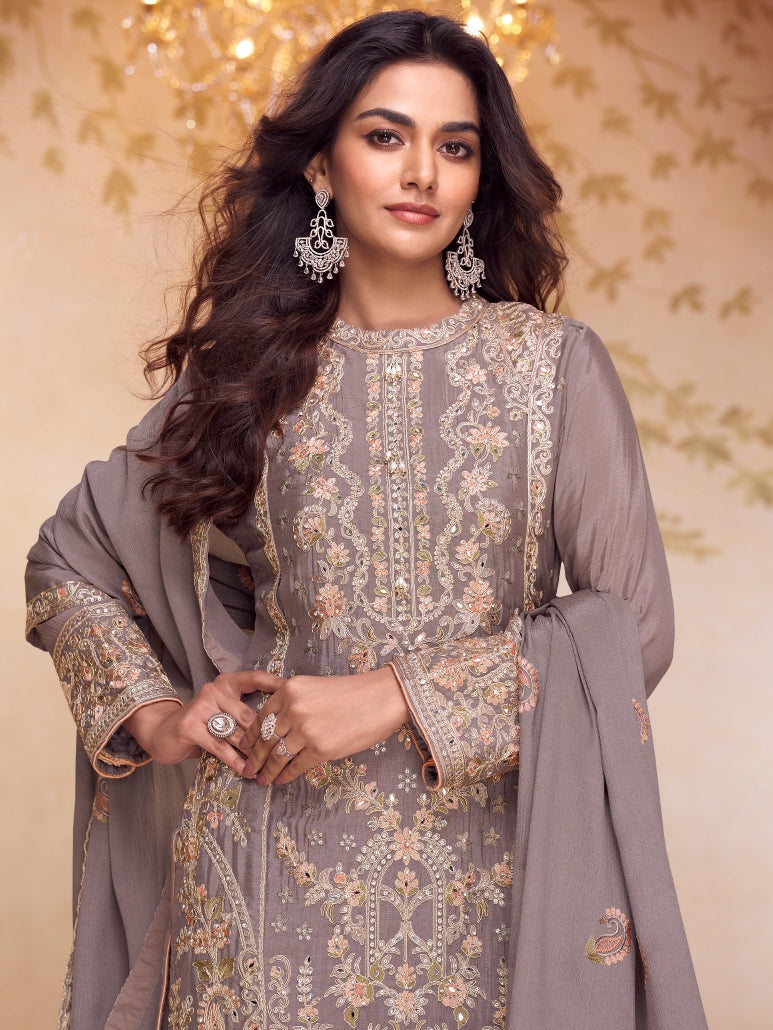 Grey Real Chinon Heavy Embroidered Palazzo Suit with Dupatta