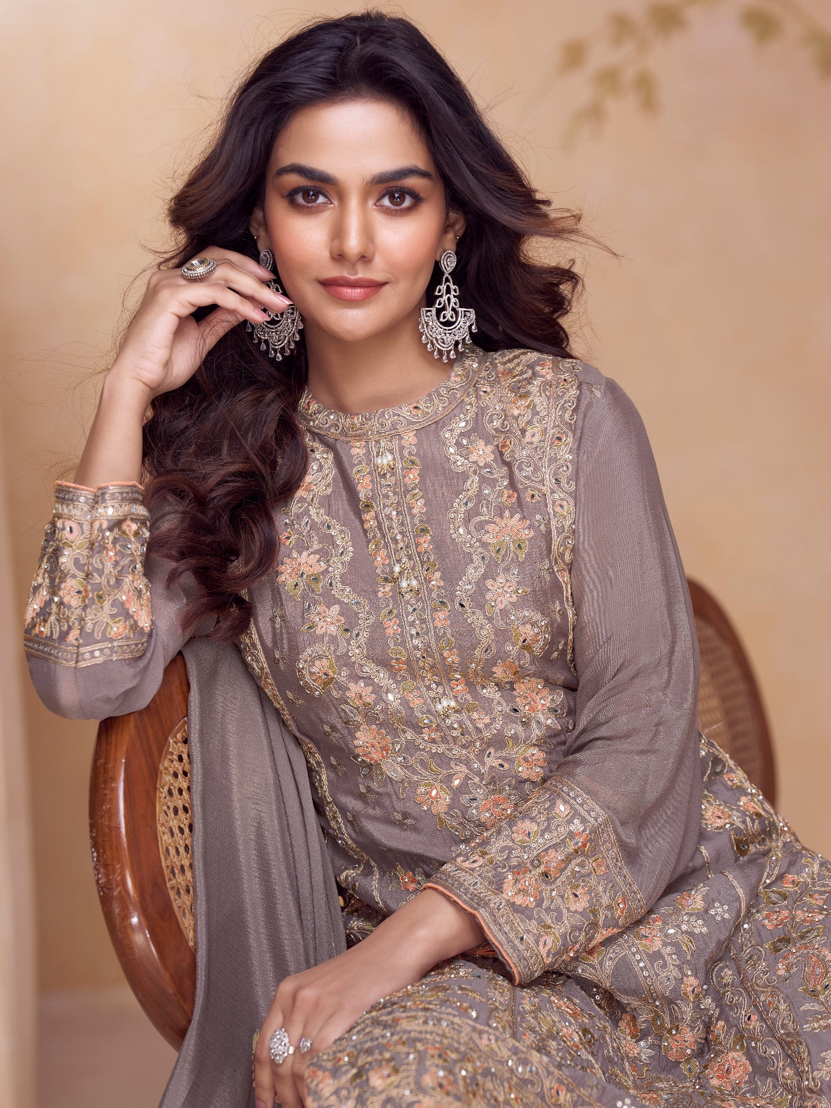 Grey Real Chinon Heavy Embroidered Palazzo Suit with Dupatta
