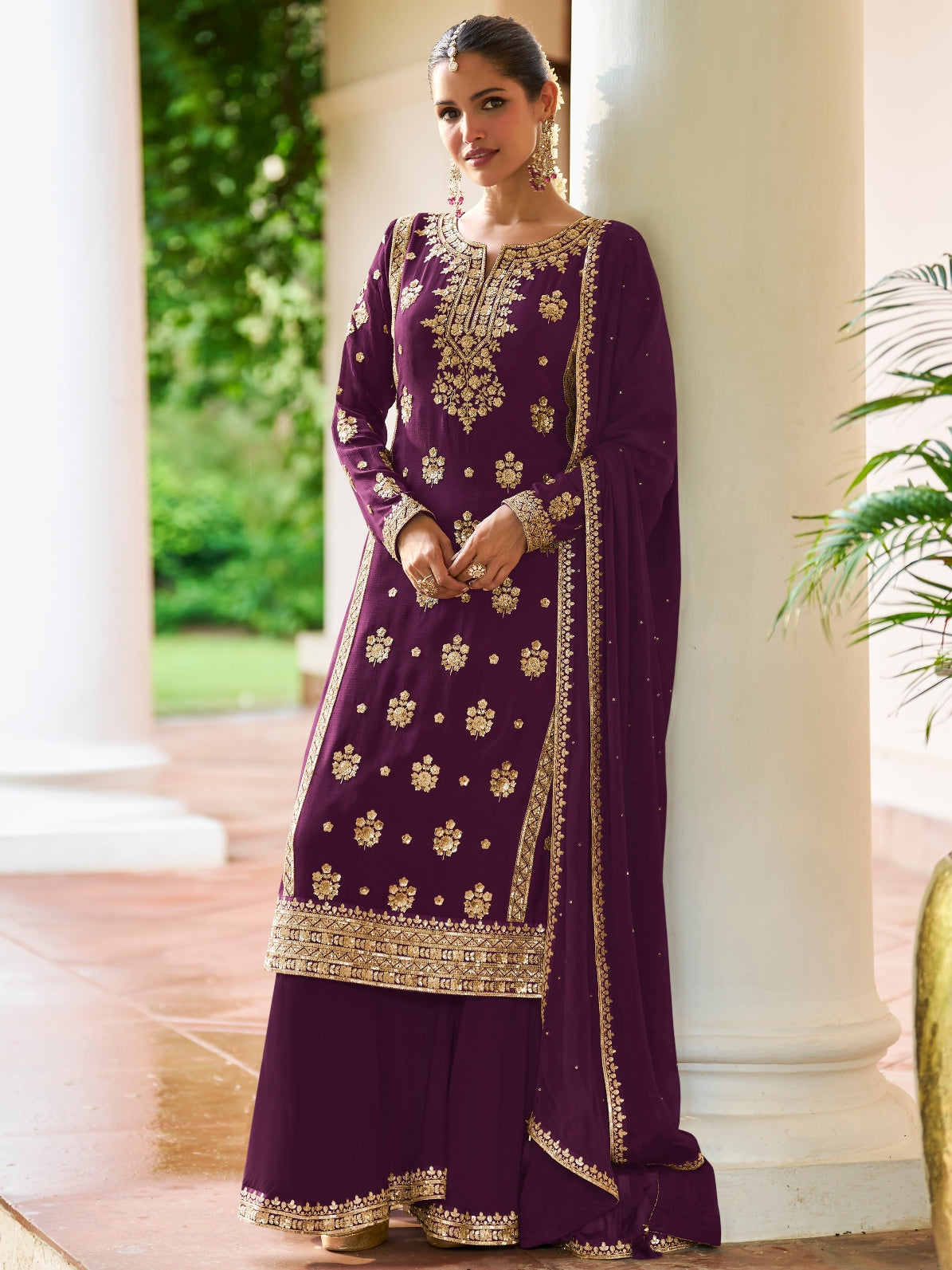 Plum Purple Real Chinon Traditional Straight Salwar Suit