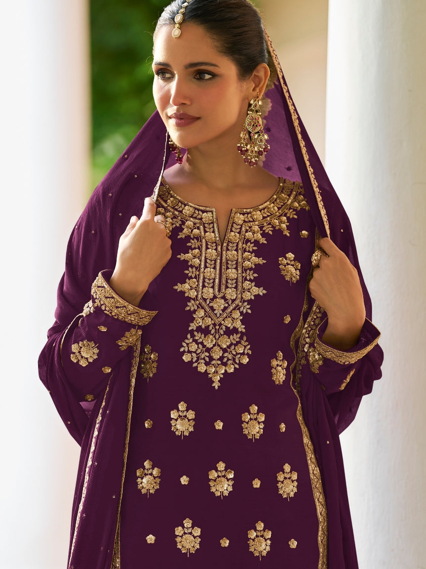 Plum Purple Real Chinon Traditional Straight Salwar Suit
