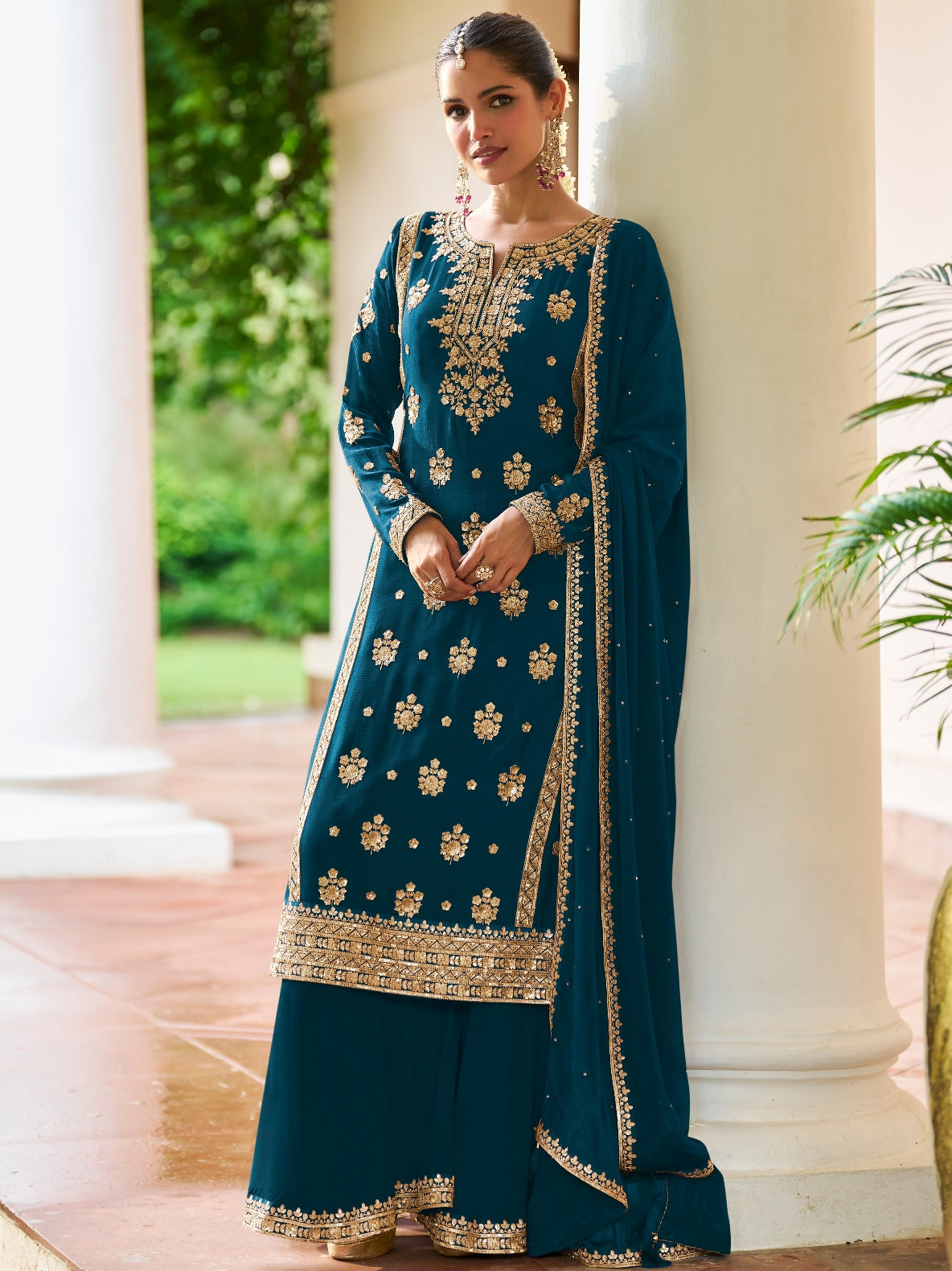 Teal Green Real Chinon Designer Straight Cut Suit