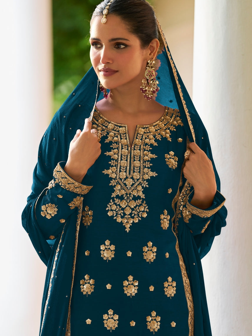 Teal Green Real Chinon Designer Straight Cut Suit