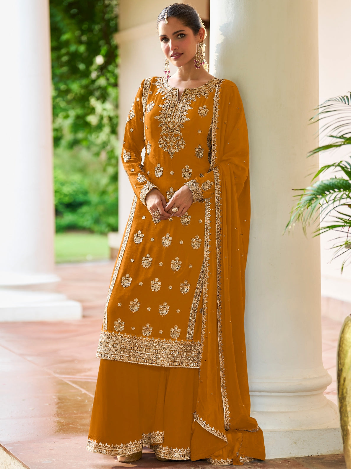 Mustard Real Chinon Festive Straight Salwar Suit