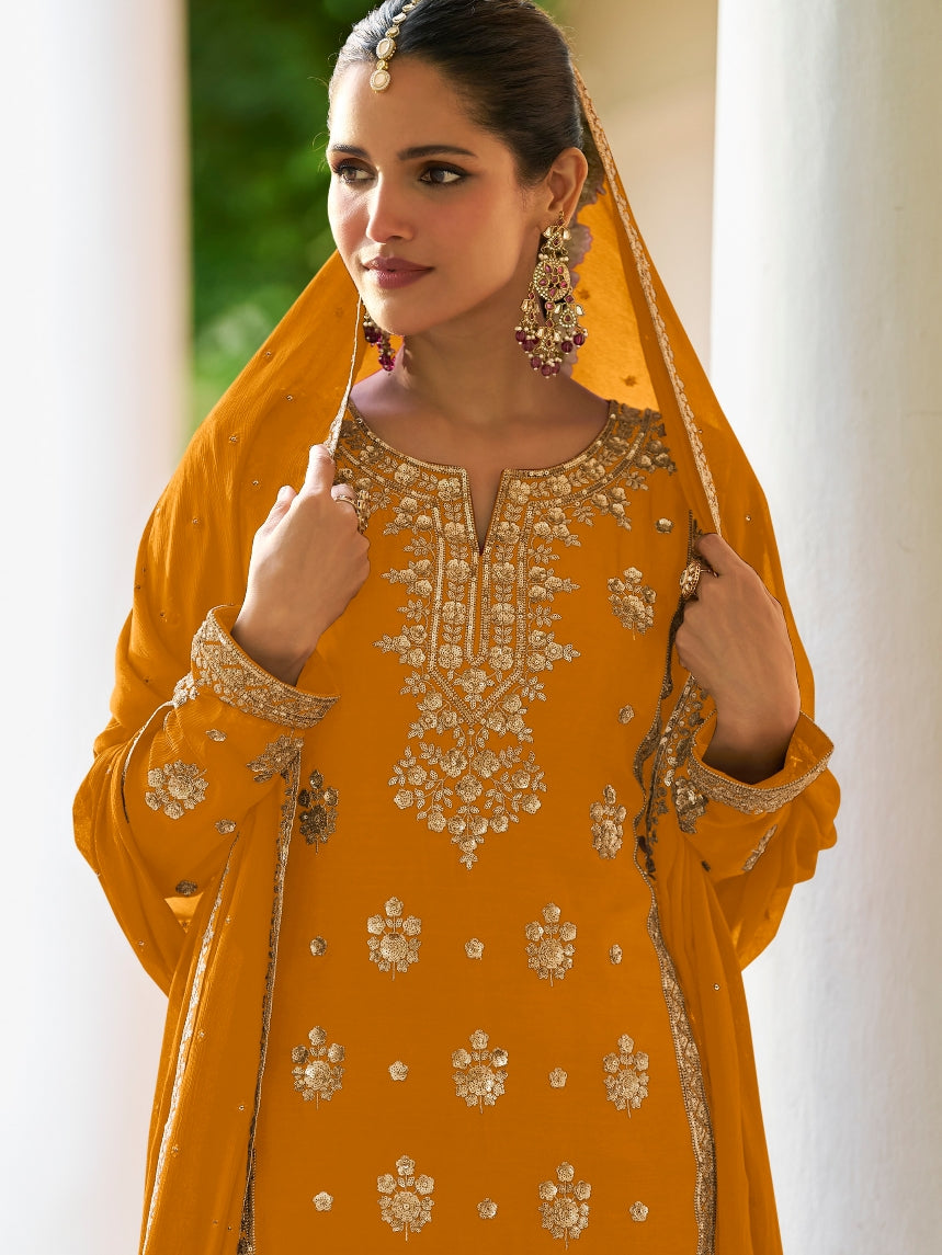 Mustard Real Chinon Festive Straight Salwar Suit