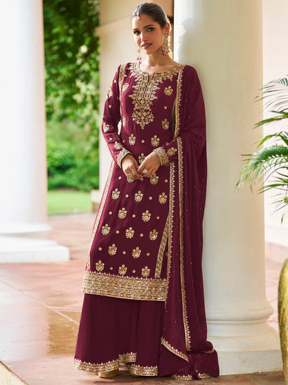 Wine Real Chinon Heavy Embroidered Straight Cut Salwar Suit