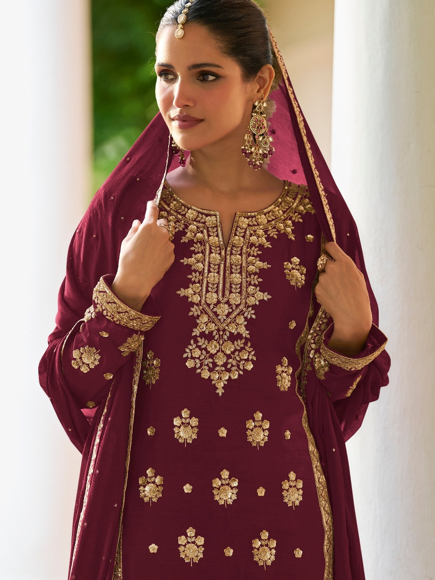 Wine Real Chinon Heavy Embroidered Straight Cut Salwar Suit