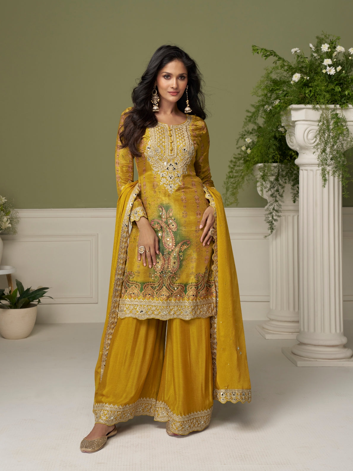 Yellow Real Chinon Designer Embroidered Palazzo Suit