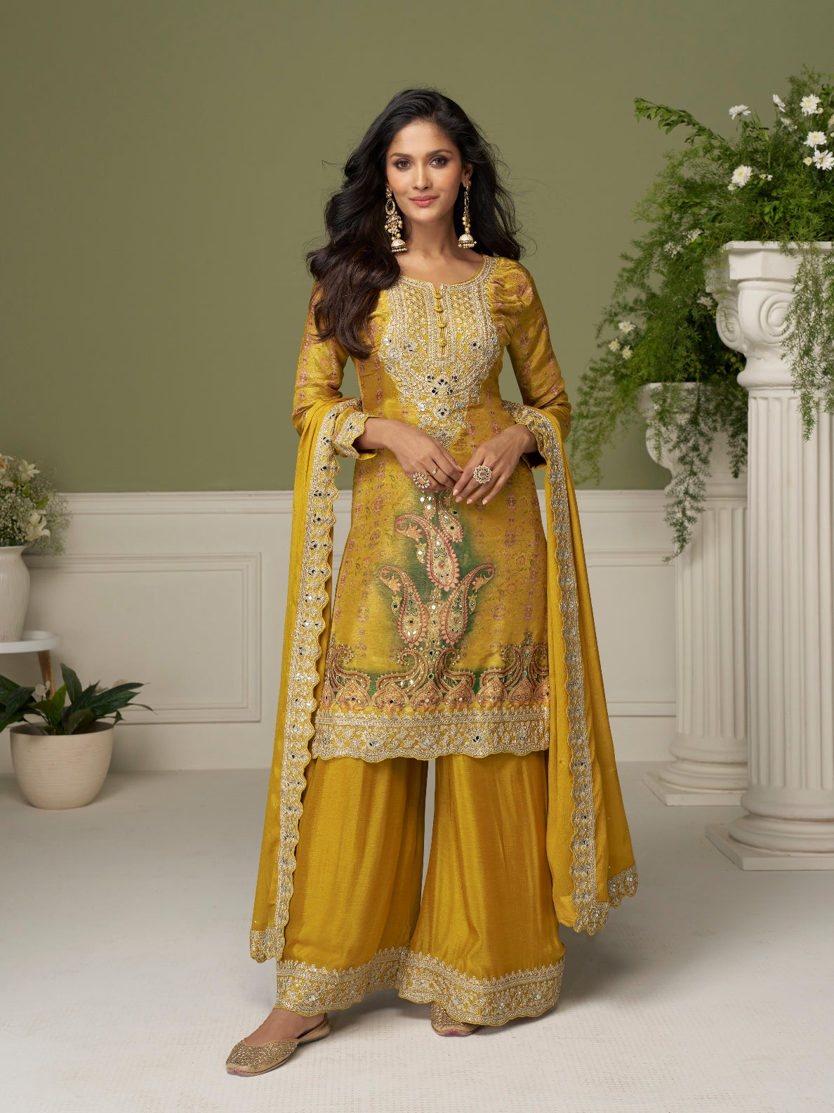 Yellow Real Chinon Designer Embroidered Palazzo Suit