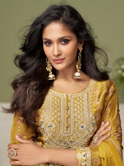 Yellow Real Chinon Designer Embroidered Palazzo Suit