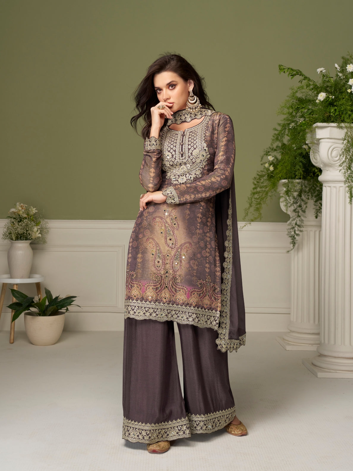Coffee Brown Real Chinon Digital Print Embroidered Palazzo Suit