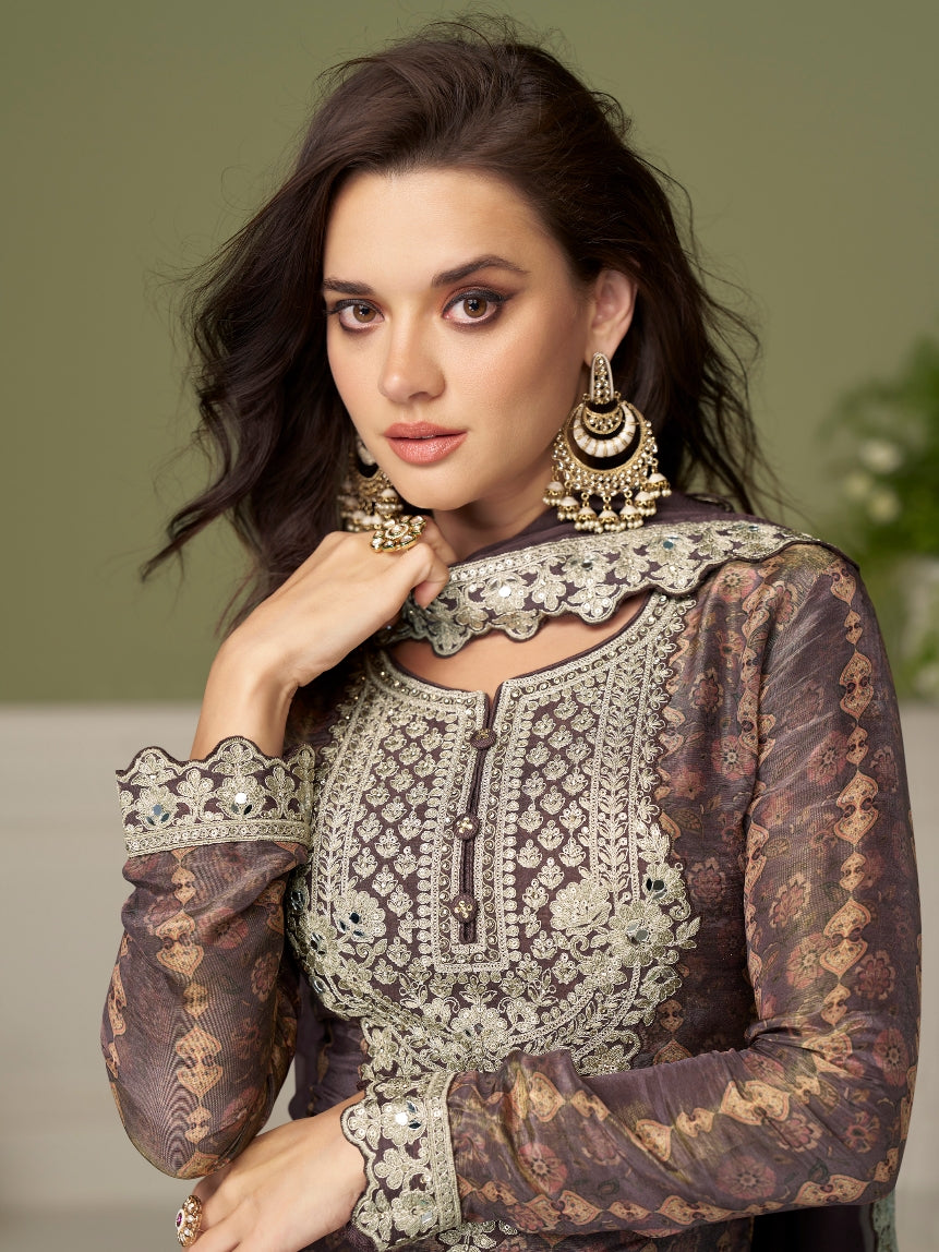 Coffee Brown Real Chinon Digital Print Embroidered Palazzo Suit