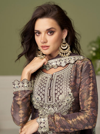 Coffee Brown Real Chinon Digital Print Embroidered Palazzo Suit