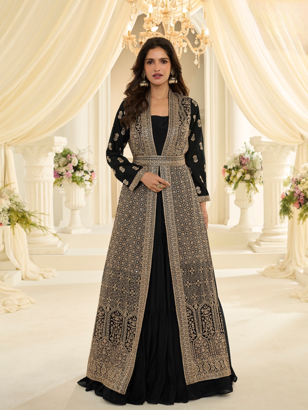 Black Premium Chinon Silk Designer Jacket Gown