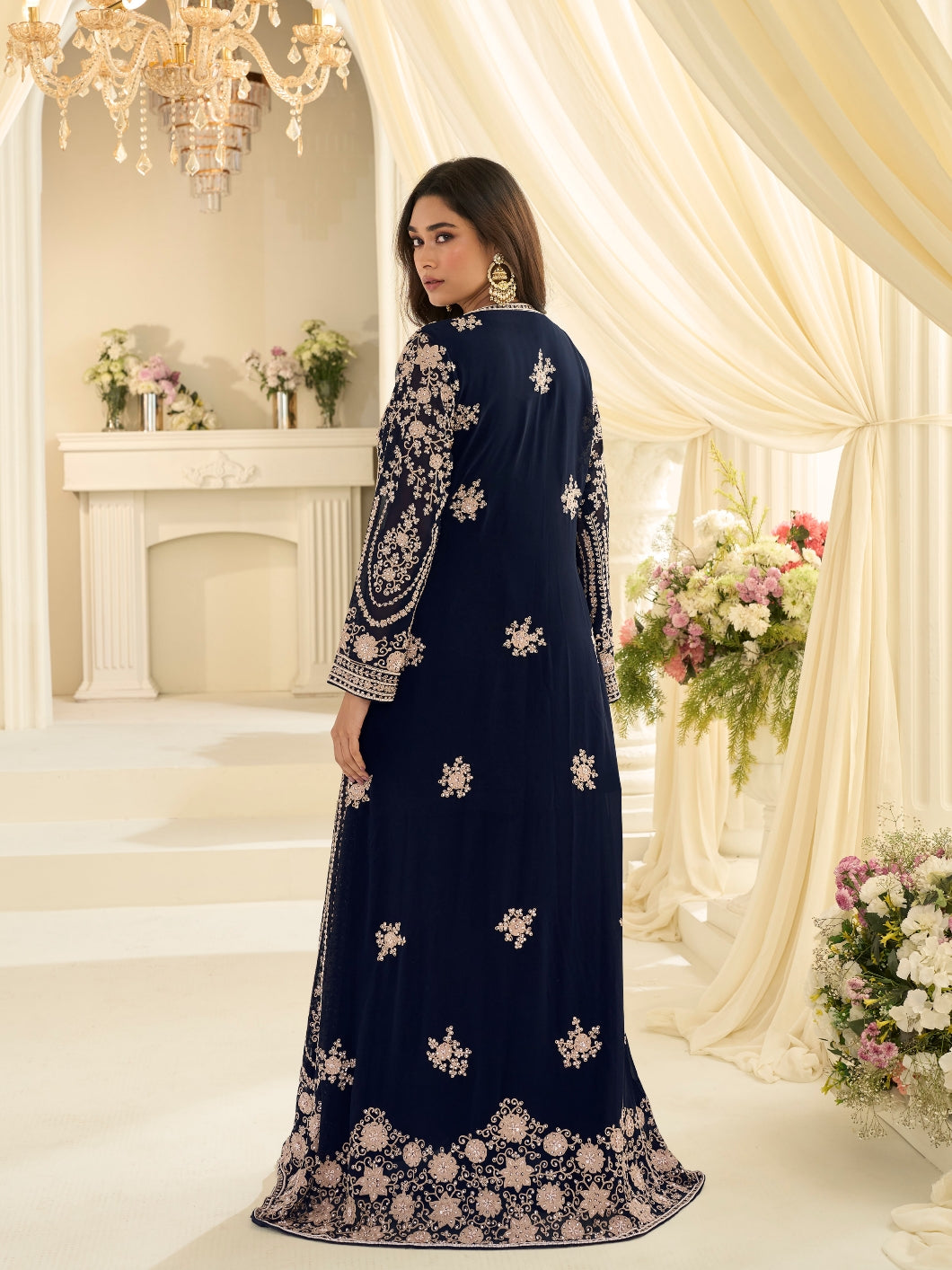 Navy Blue Premium Chinon Silk Heavy Embroidered Jacket Style Gown