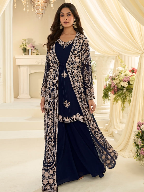 Navy Blue Premium Chinon Silk Heavy Embroidered Jacket Style Gown