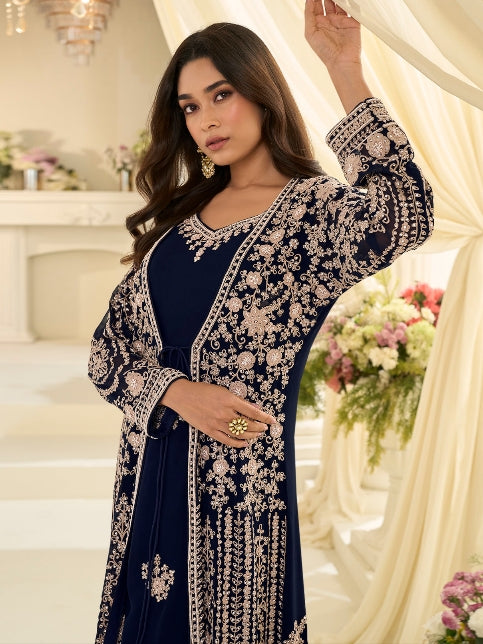 Navy Blue Premium Chinon Silk Heavy Embroidered Jacket Style Gown