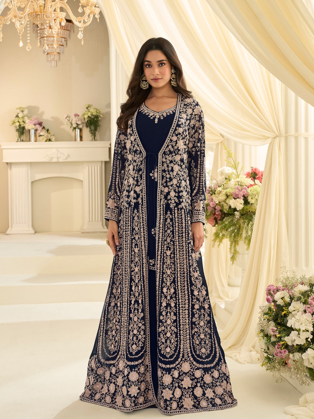 Navy Blue Premium Chinon Silk Heavy Embroidered Jacket Style Gown