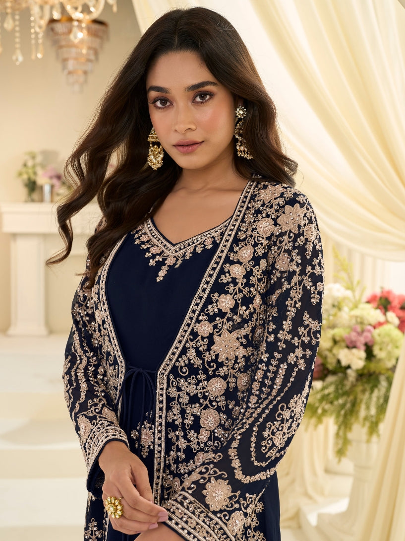 Navy Blue Premium Chinon Silk Heavy Embroidered Jacket Style Gown