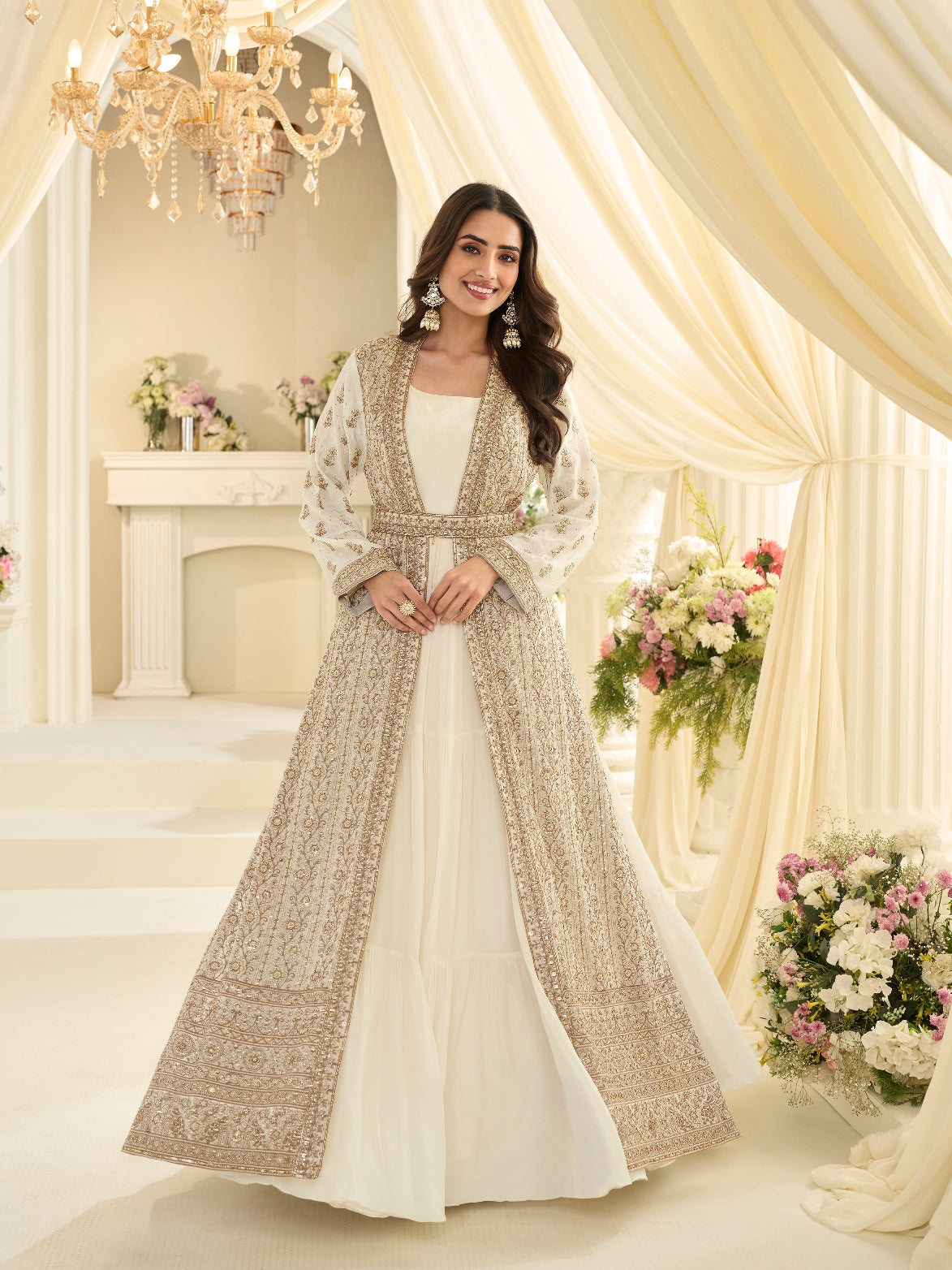 Ivory Cream Premium Chinon Silk Bridal Jacket Style Gown