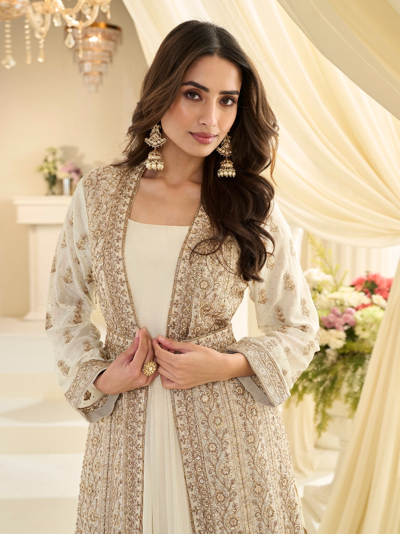 Ivory Cream Premium Chinon Silk Bridal Jacket Style Gown