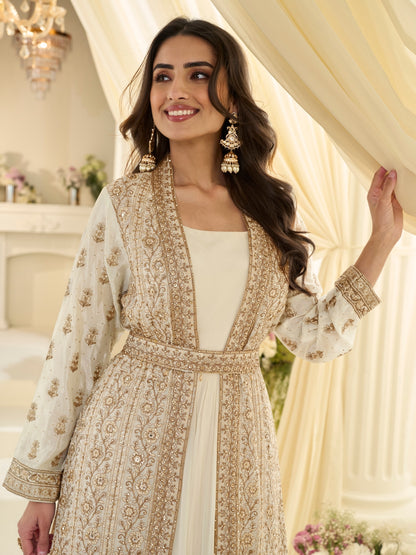 Ivory Cream Premium Chinon Silk Bridal Jacket Style Gown