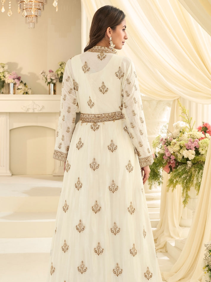 Ivory Cream Premium Chinon Silk Bridal Jacket Style Gown