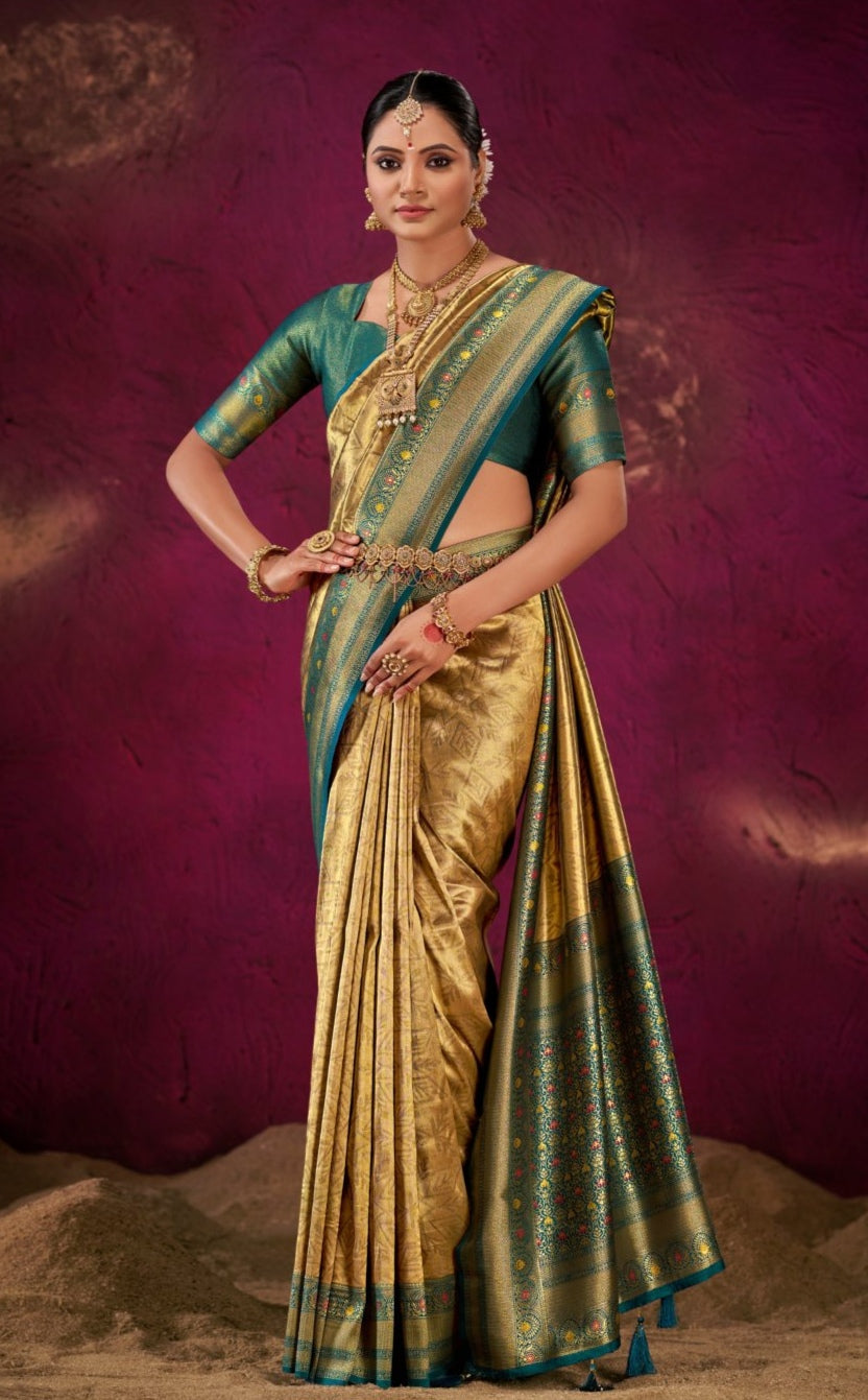 Banarasi Katan Silk Saree with Kanchi Patti Weaving Border ##color## Banarasi Silk Saree with premium fabric and embroidery