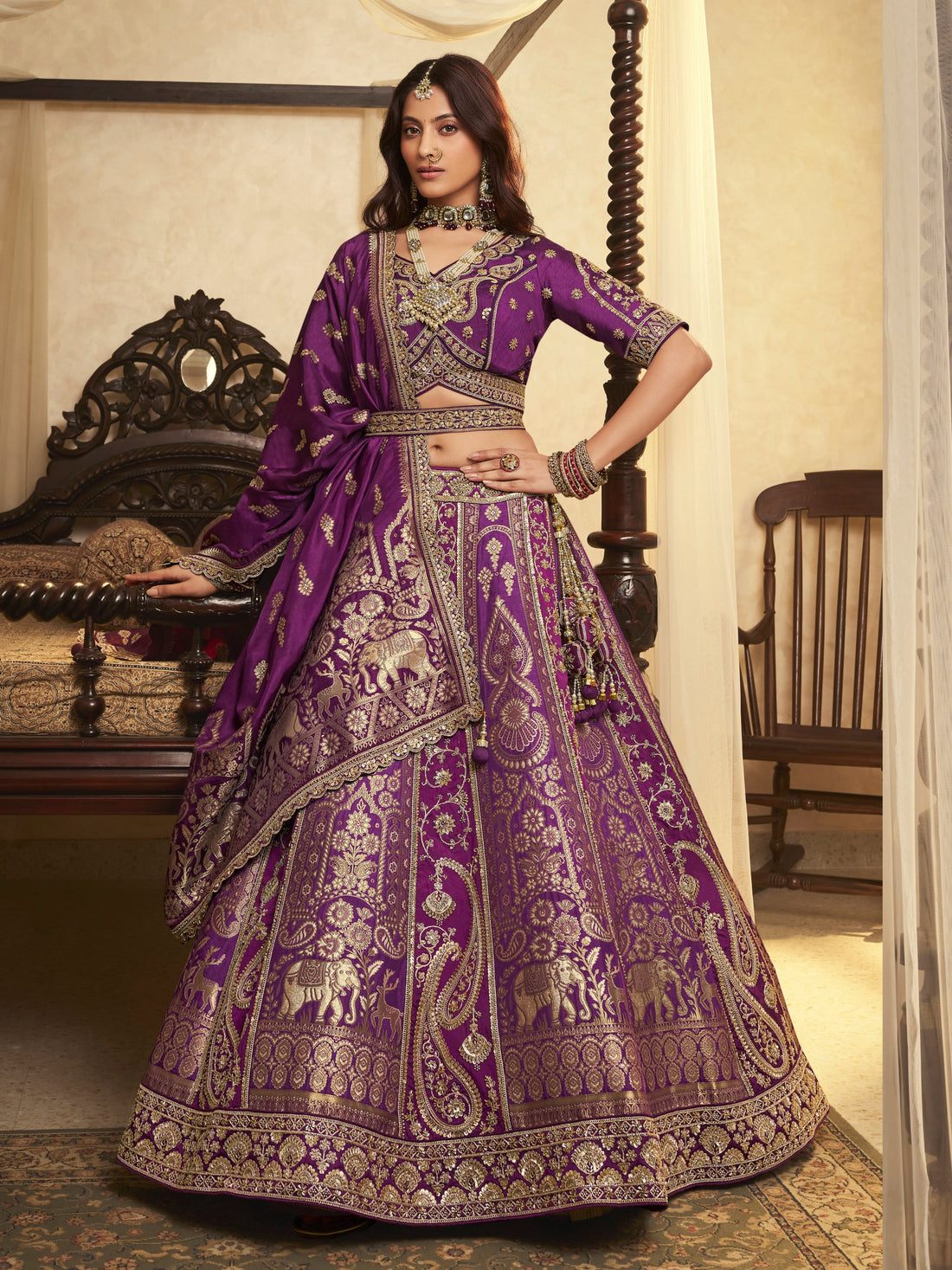 Royal Purple Banarasi Silk Lehenga with Heavy Zari Embroidery