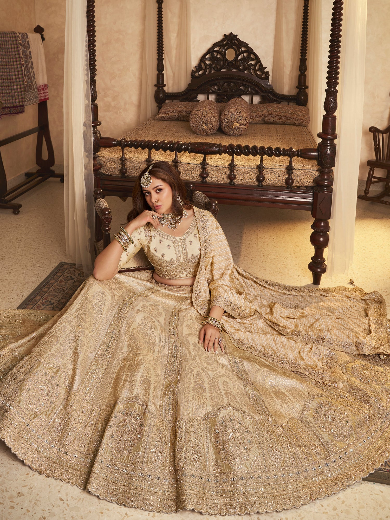 Champagne Gold Banarasi Silk Reception Lehenga with Stone &amp; Zari Work