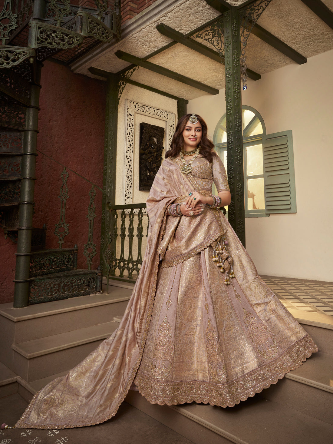 Beige Banarasi Premium Silk Lehenga with Swarovski &amp; Zari Embroidery