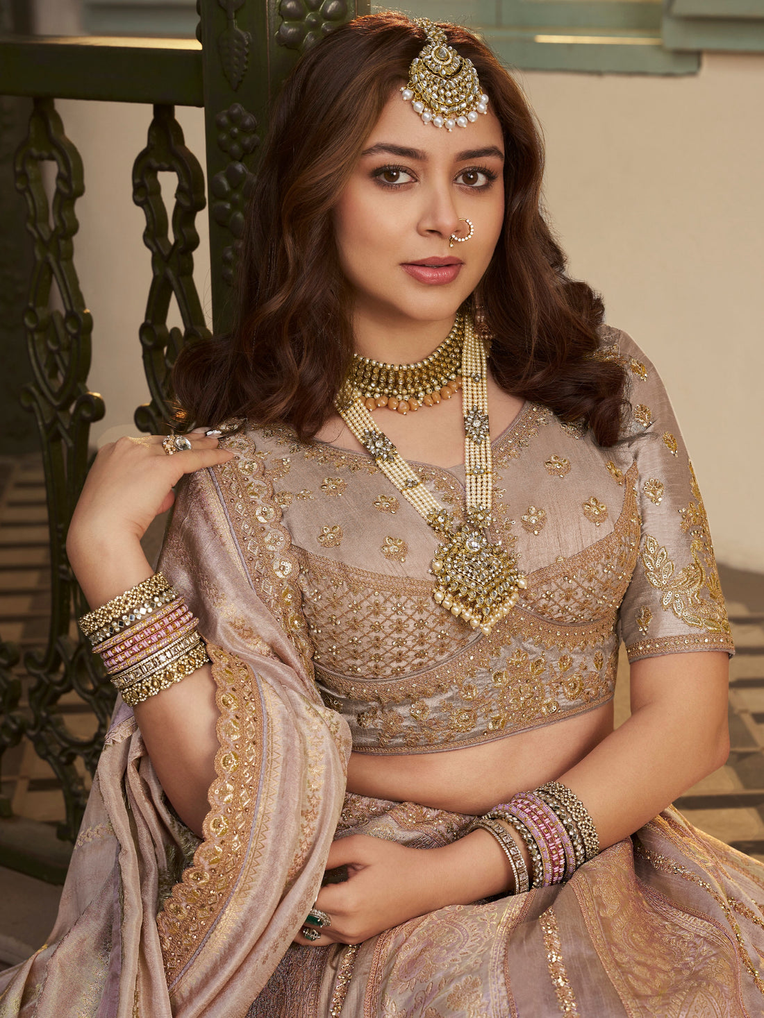 Beige Banarasi Premium Silk Lehenga with Swarovski &amp; Zari Embroidery