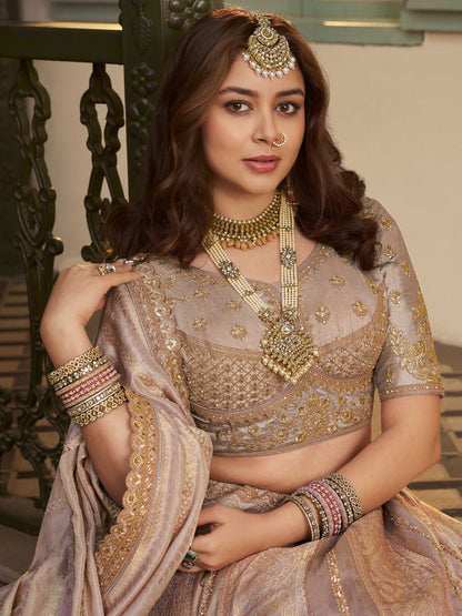 Beige Banarasi Premium Silk Lehenga with Swarovski &amp; Zari Embroidery
