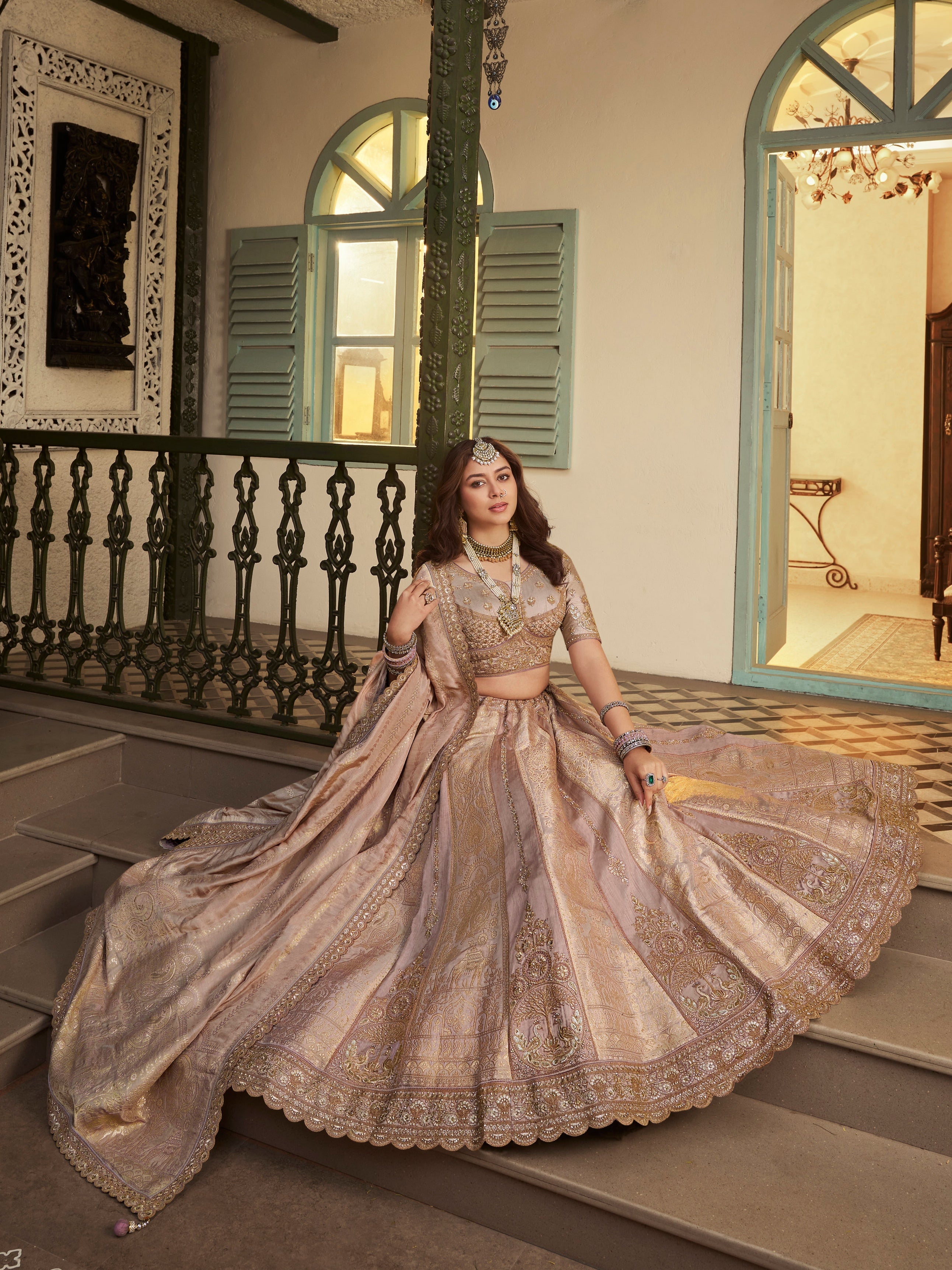 Beige Banarasi Premium Silk Lehenga with Swarovski &amp; Zari Embroidery