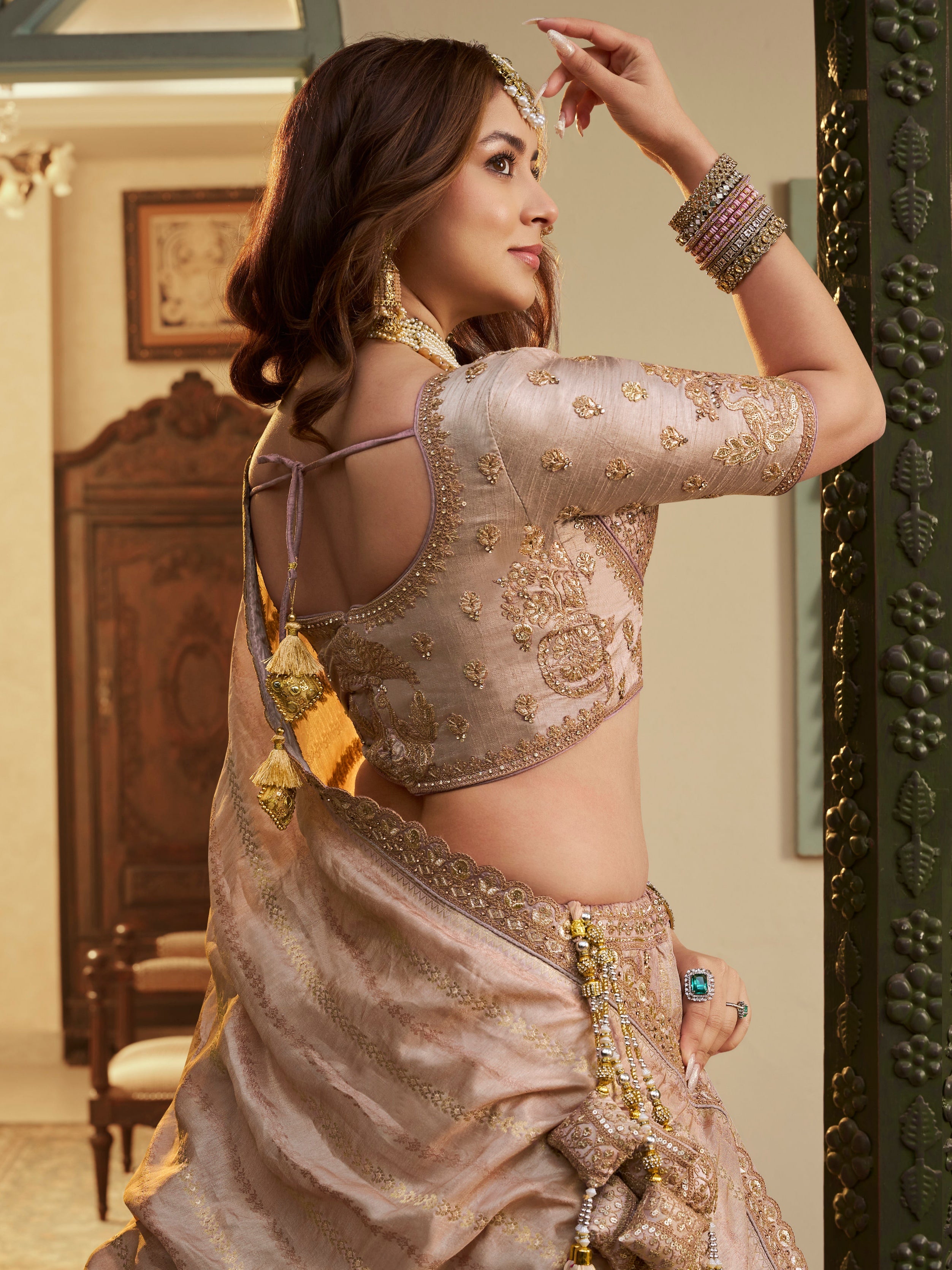 Beige Banarasi Premium Silk Lehenga with Swarovski &amp; Zari Embroidery