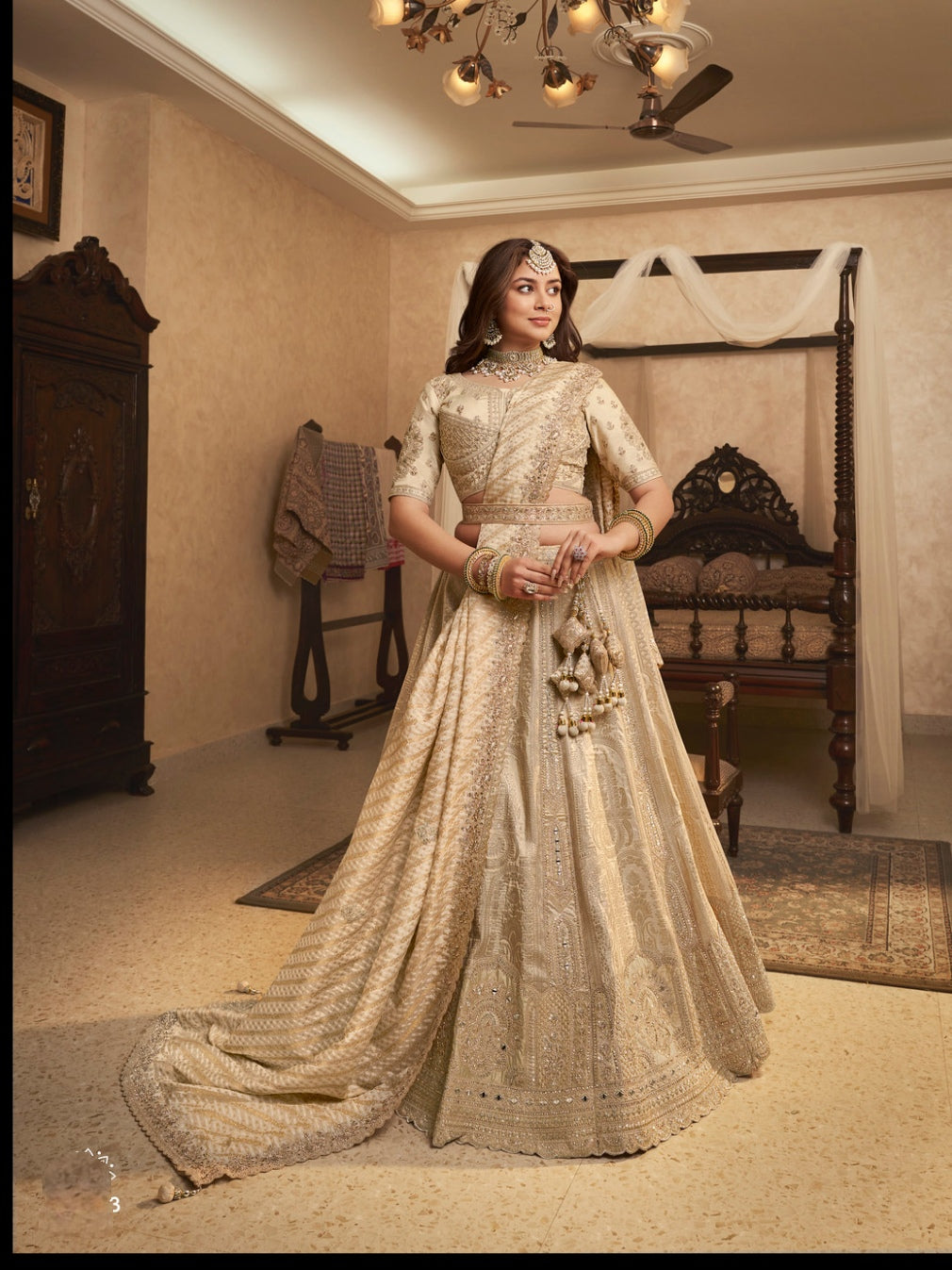 Champagne Gold Banarasi Silk Reception Lehenga with Stone &amp; Zari Work