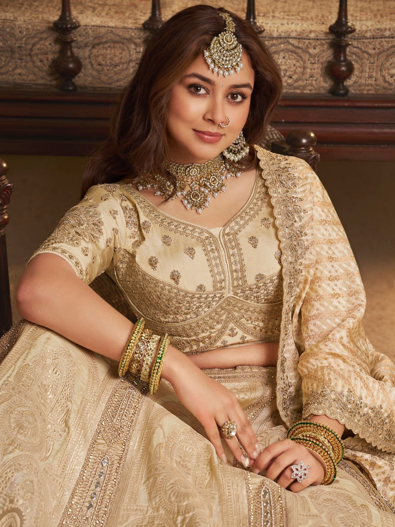 Champagne Gold Banarasi Silk Reception Lehenga with Stone &amp; Zari Work