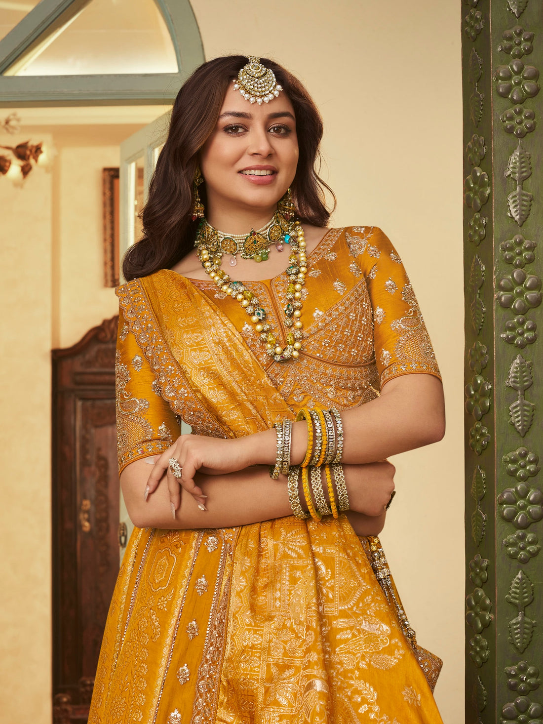 Mustard Yellow Banarasi Silk Lehenga with Sequins &amp; Zari Embroidery