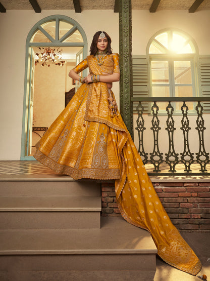Mustard Yellow Banarasi Silk Lehenga with Sequins &amp; Zari Embroidery