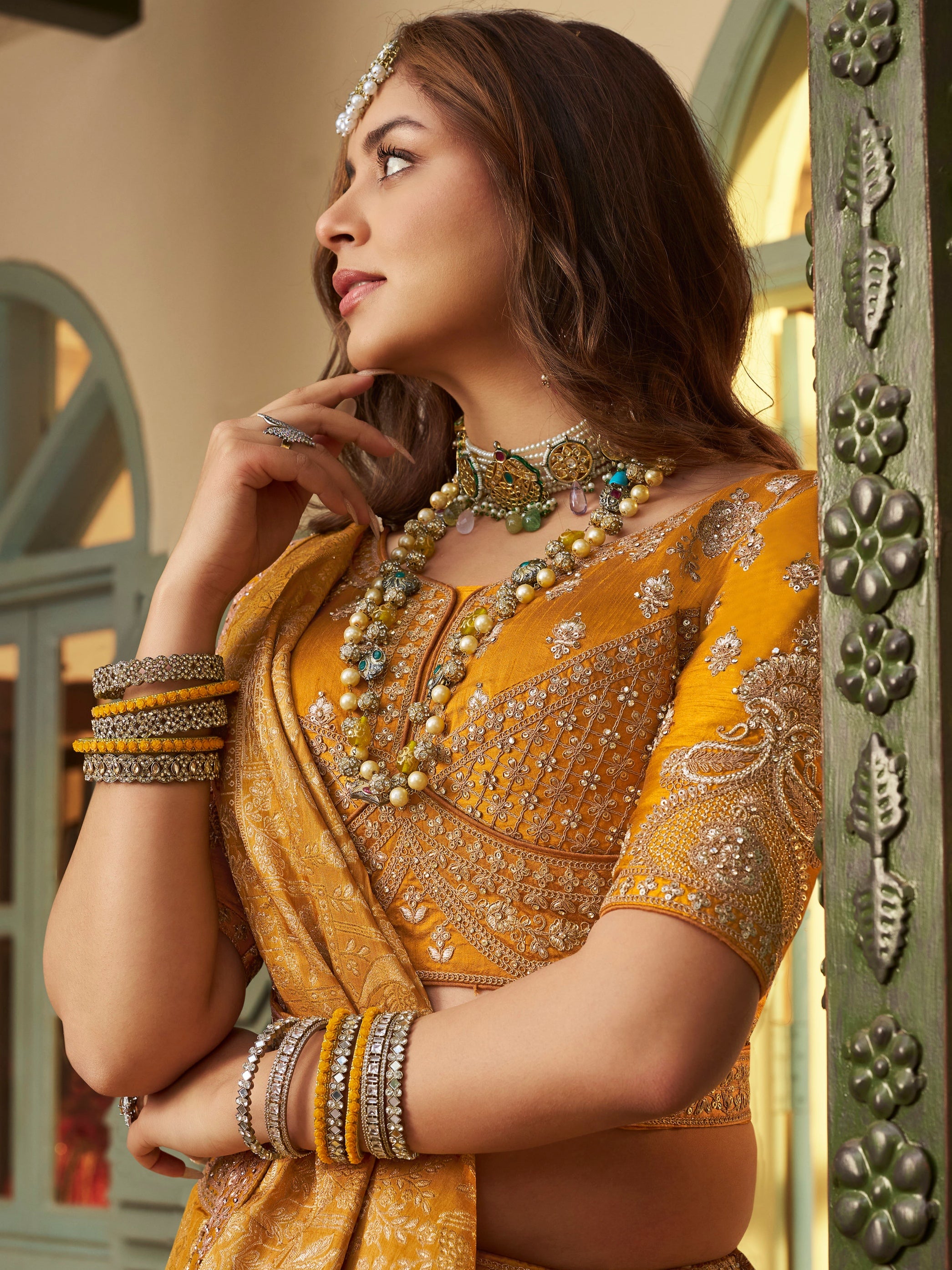Mustard Yellow Banarasi Silk Lehenga with Sequins &amp; Zari Embroidery