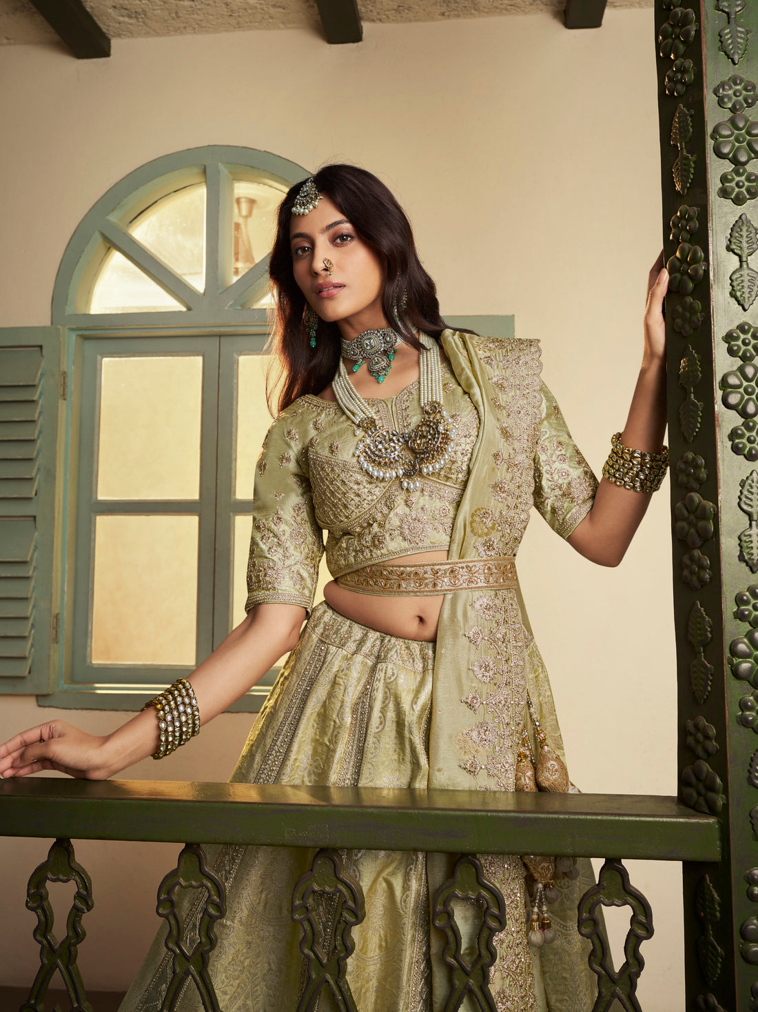 Pista Green Banarasi Silk Lehenga with Zari &amp; Swarovski Embroidery